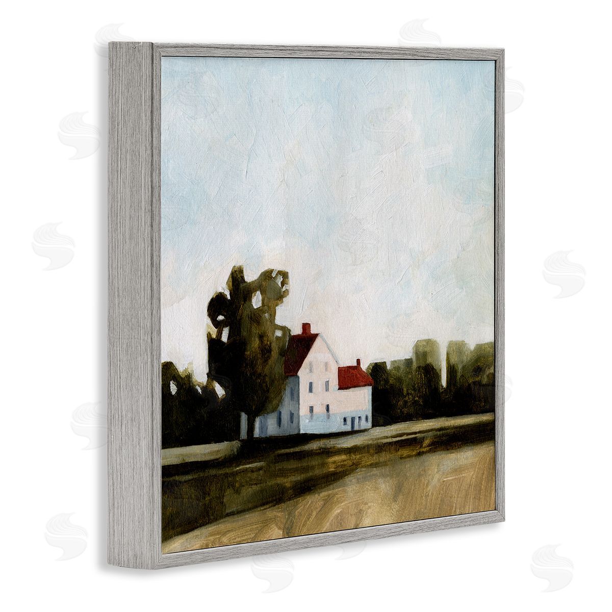 Cottage with Tree Meadow Grey Frame Print Wall Art, Home Decor by Emma Caroline