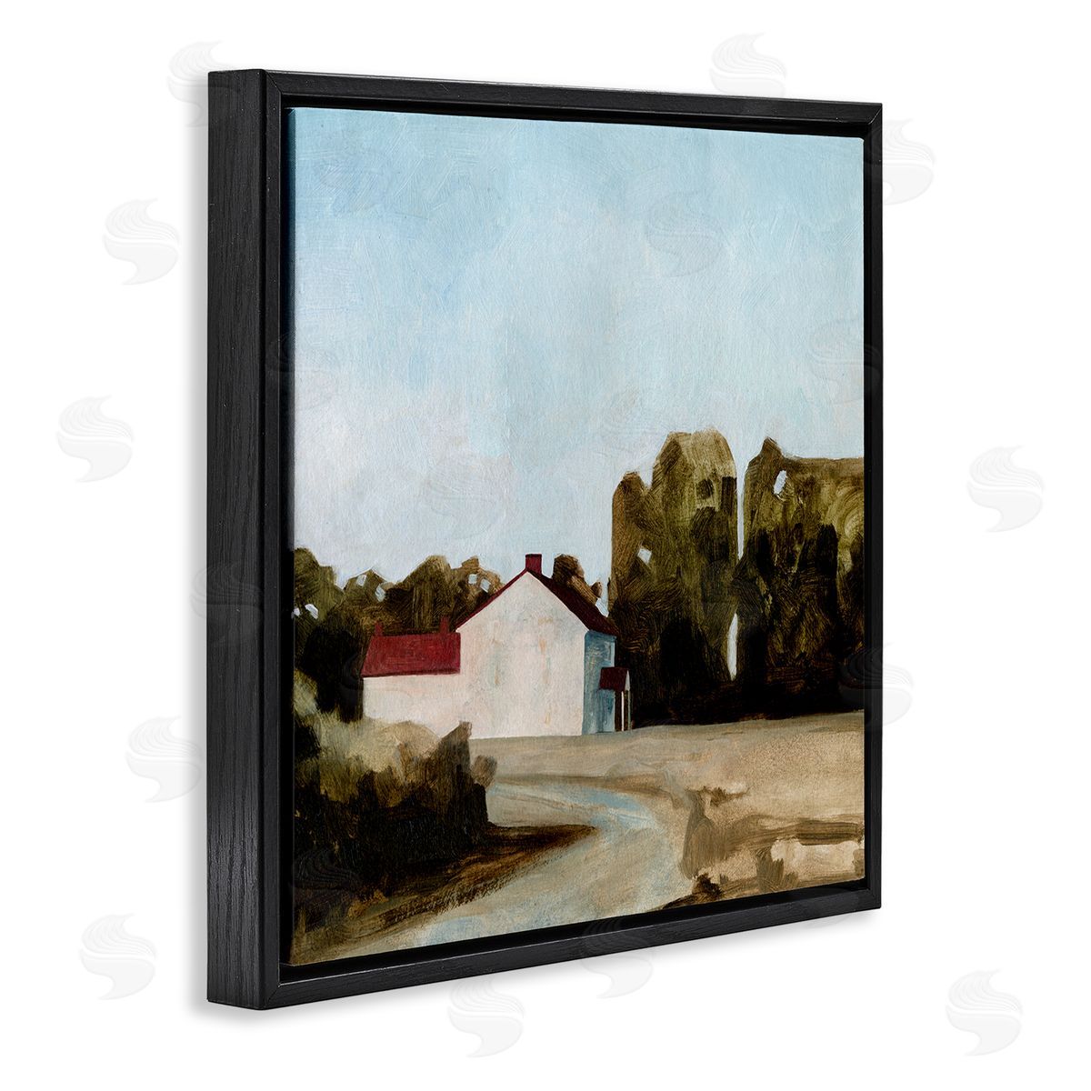 Farmhouse Cottage in Meadow Black Floating Frame Canvas Wall Art, Home Decor by Emma Caroline
