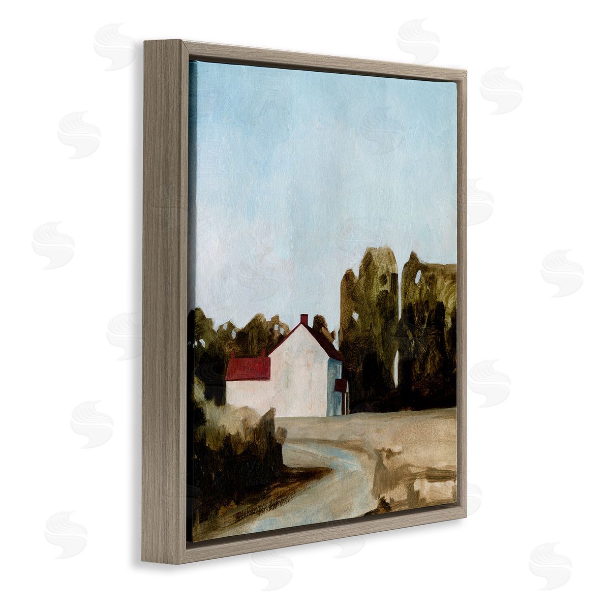 Farmhouse Cottage in Meadow Brown Floating Frame Canvas Wall Art, Home Decor by Emma Caroline