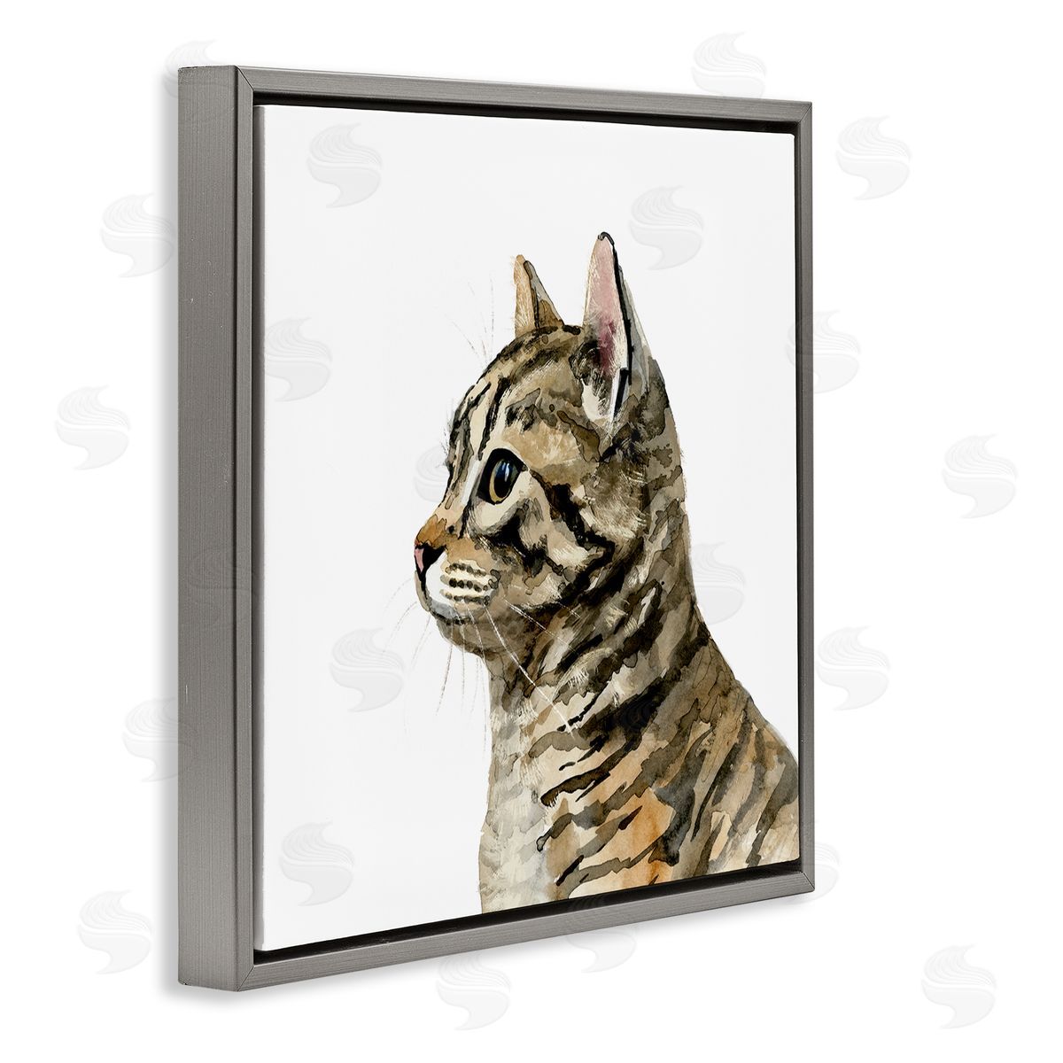 Watercolor Tabby Cat Portrait Grey Floating Frame Canvas Wall Art, Home Decor by Victoria Barnes
