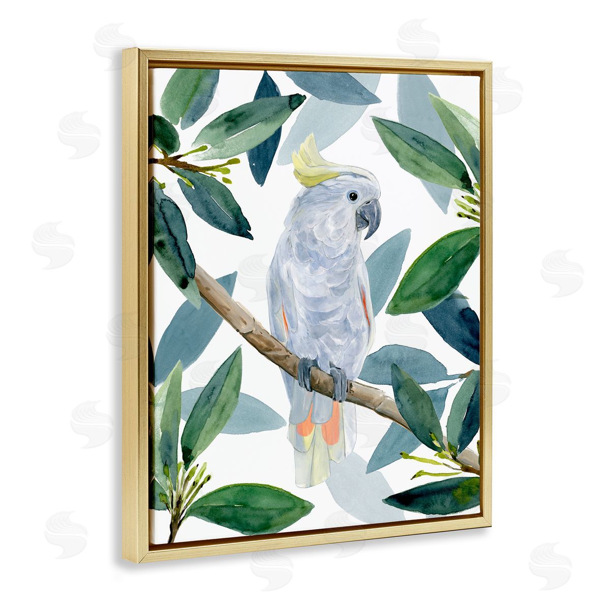 Tropical Cockatoo & Greenery Gold Floating Frame Canvas Wall Art, Home Decor by Annie Warren