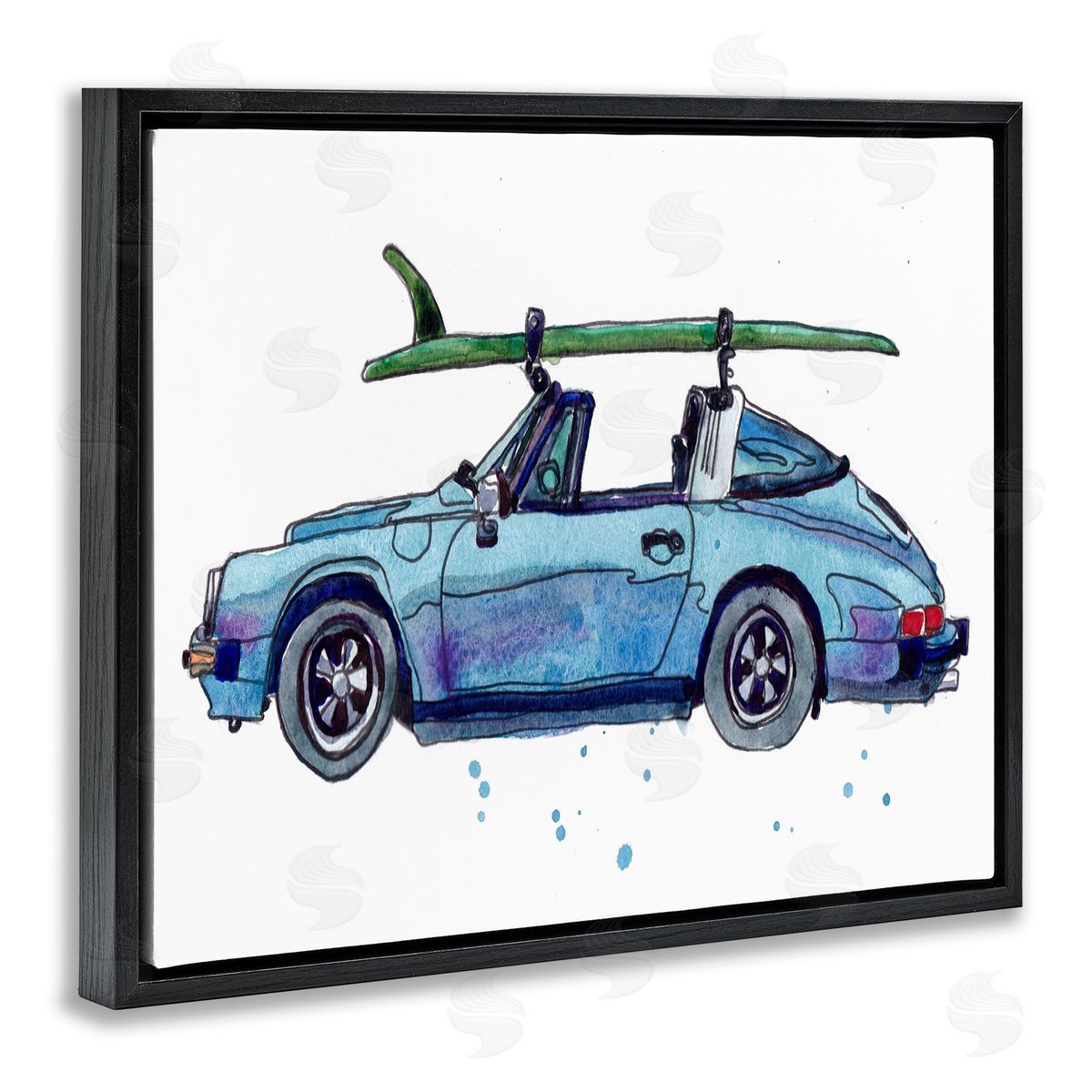 Vintage Blue Surf Car Black Floating Frame Canvas Wall Art, Home Decor by Paul McCreery