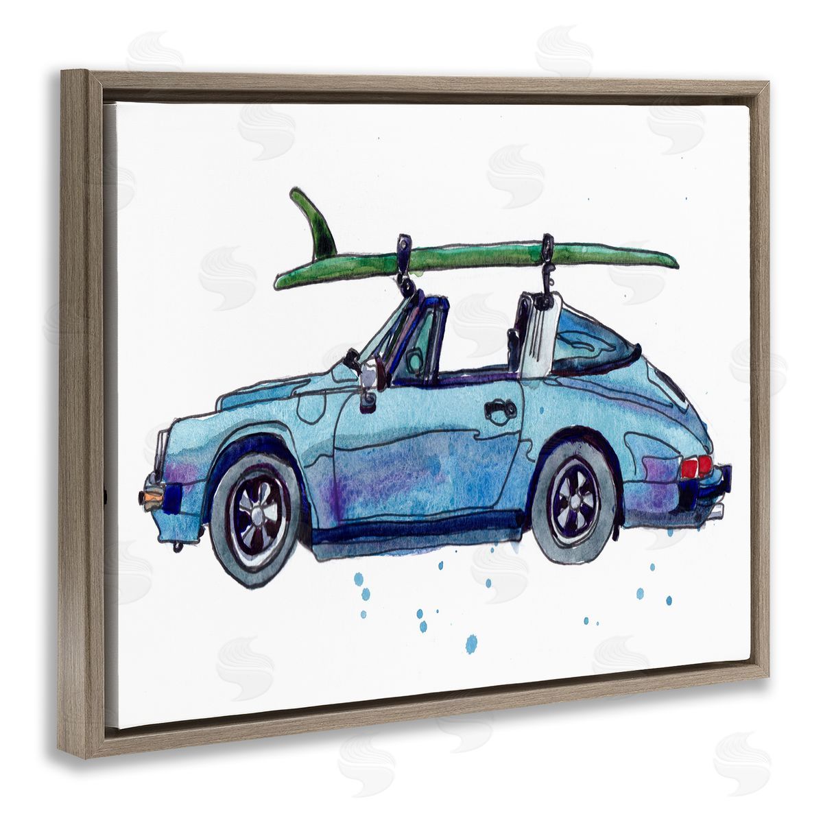 Vintage Blue Surf Car Brown Floating Frame Canvas Wall Art, Home Decor by Paul McCreery