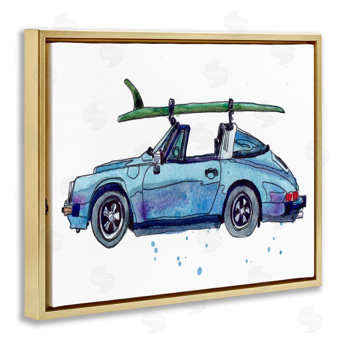 Vintage Blue Surf Car Gold Floating Frame Canvas Wall Art, Home Decor by Paul McCreery