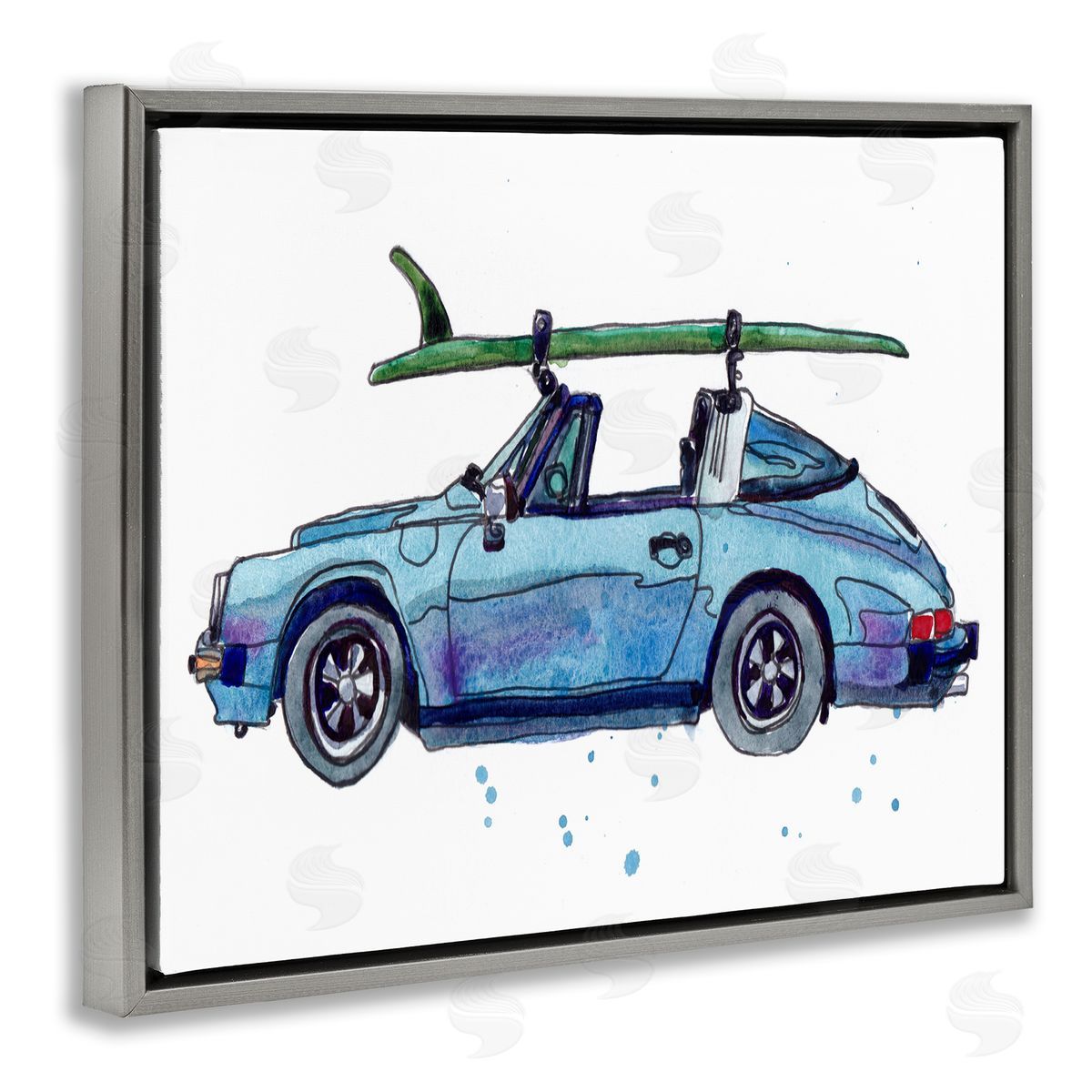 Vintage Blue Surf Car Grey Floating Frame Canvas Wall Art, Home Decor by Paul McCreery