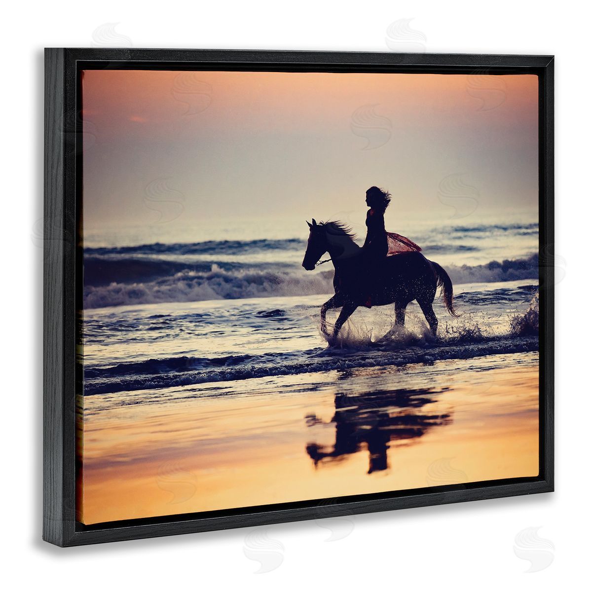Sunset Beach Horseback Rider Black Floating Frame Canvas Wall Art, Home Decor by PHBurchett