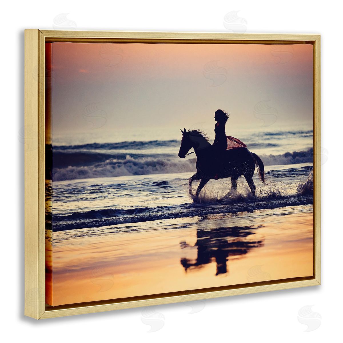 Sunset Beach Horseback Rider Gold Floating Frame Canvas Wall Art, Home Decor by PHBurchett