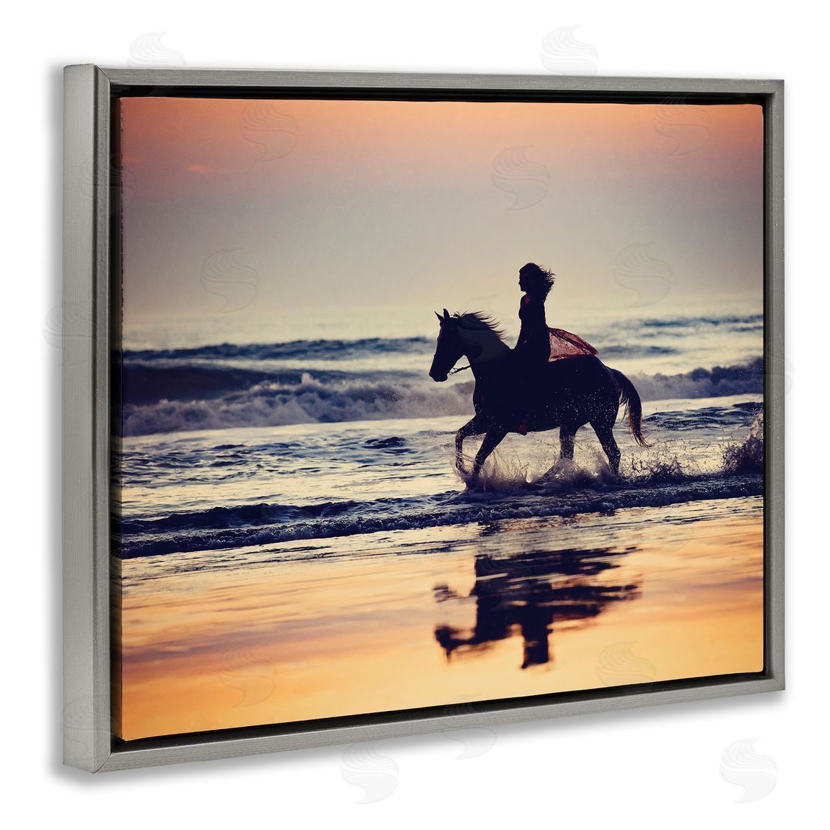 Sunset Beach Horseback Rider Grey Floating Frame Canvas Wall Art, Home Decor by PHBurchett