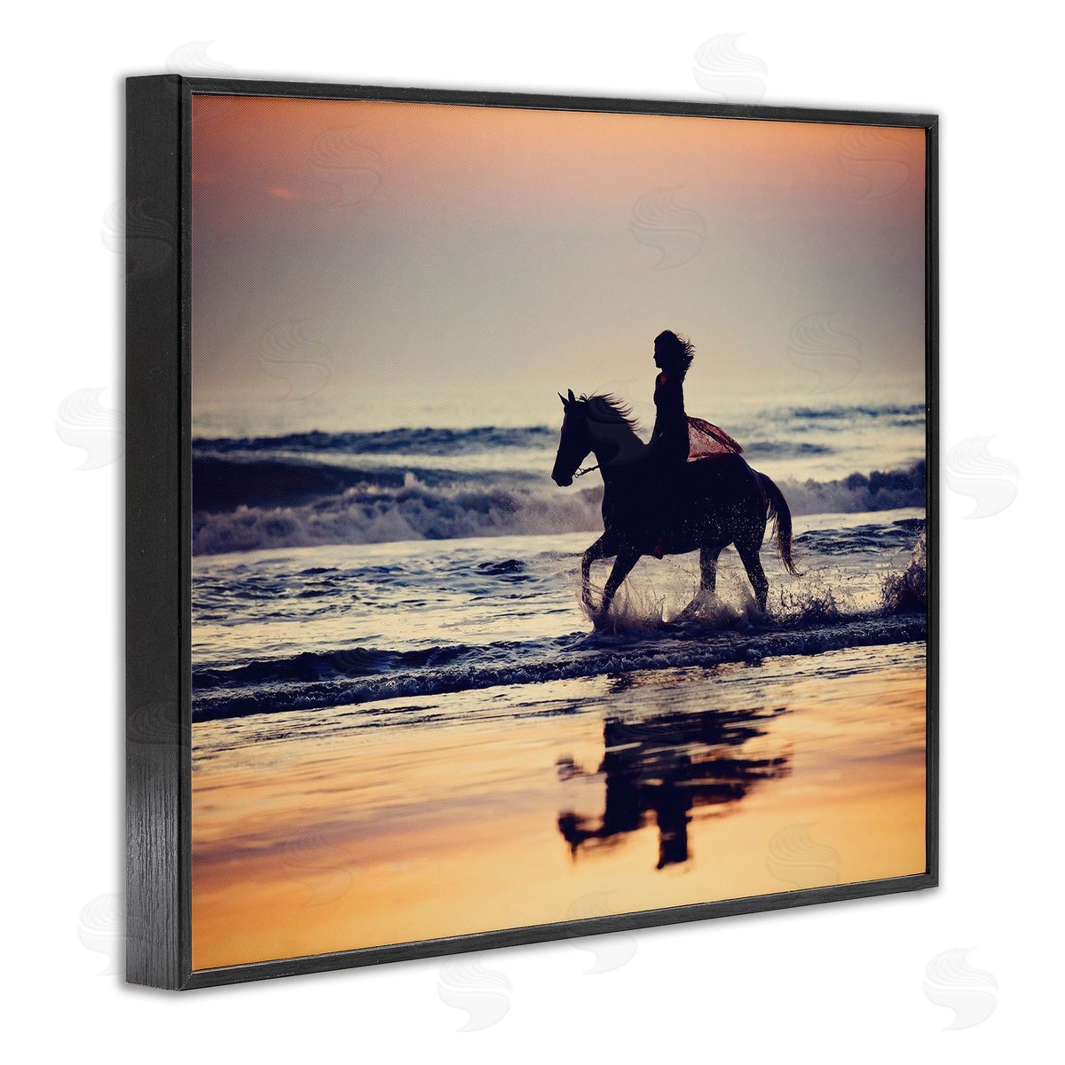 Sunset Beach Horseback Rider Black Frame Print Wall Art, Home Decor by PHBurchett