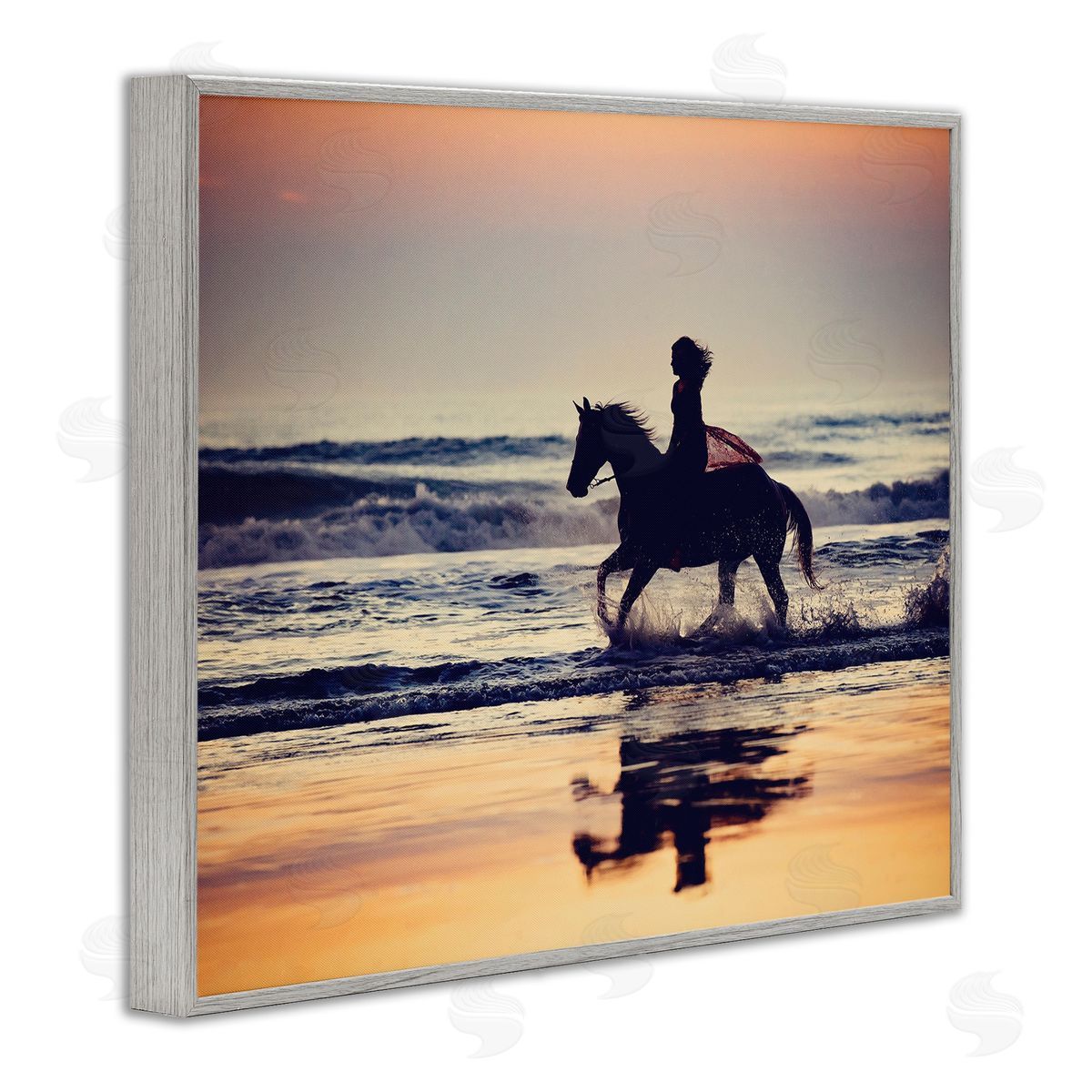 Sunset Beach Horseback Rider Grey Frame Print Wall Art, Home Decor by PHBurchett