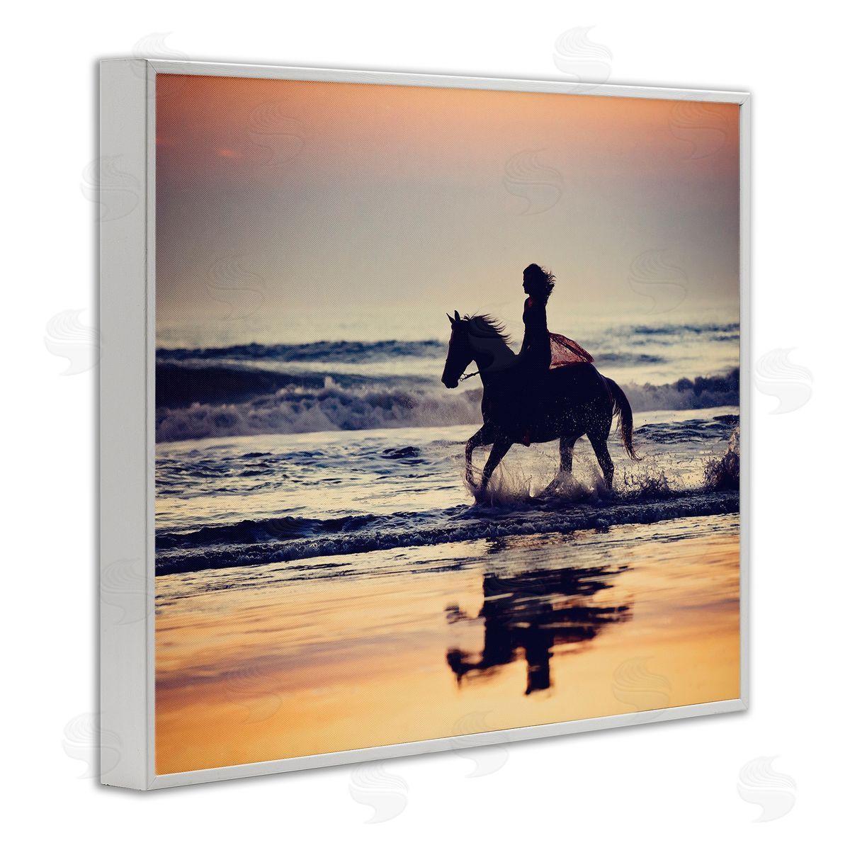 Sunset Beach Horseback Rider White Frame Print Wall Art, Home Decor by PHBurchett