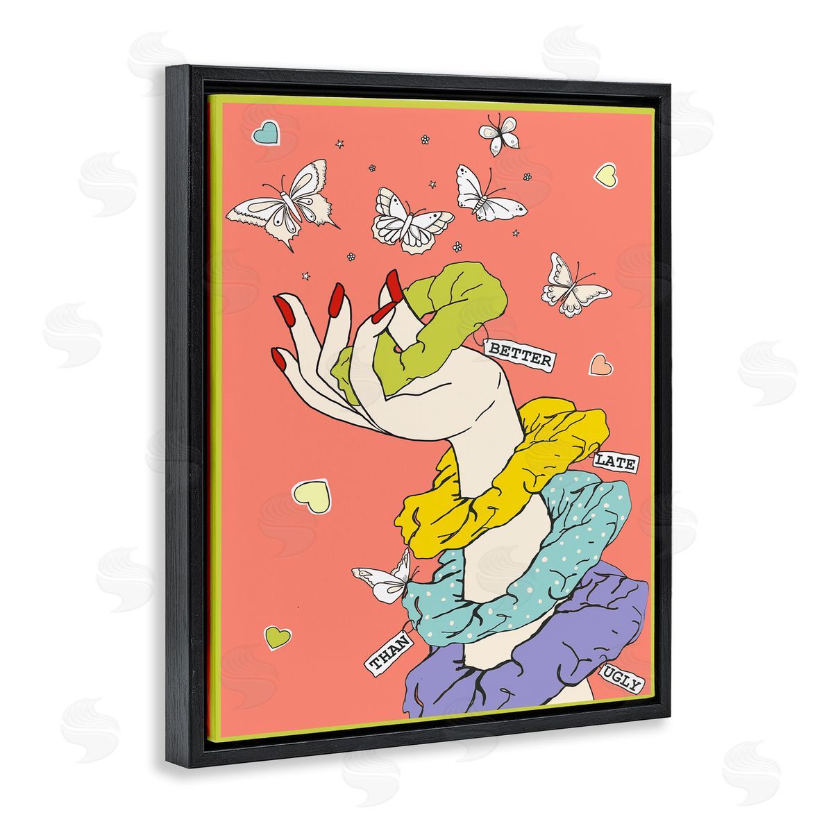 Better Late Than Ugly Funny Black Floating Frame Canvas Wall Art, Home Decor by Sangita Bachelet