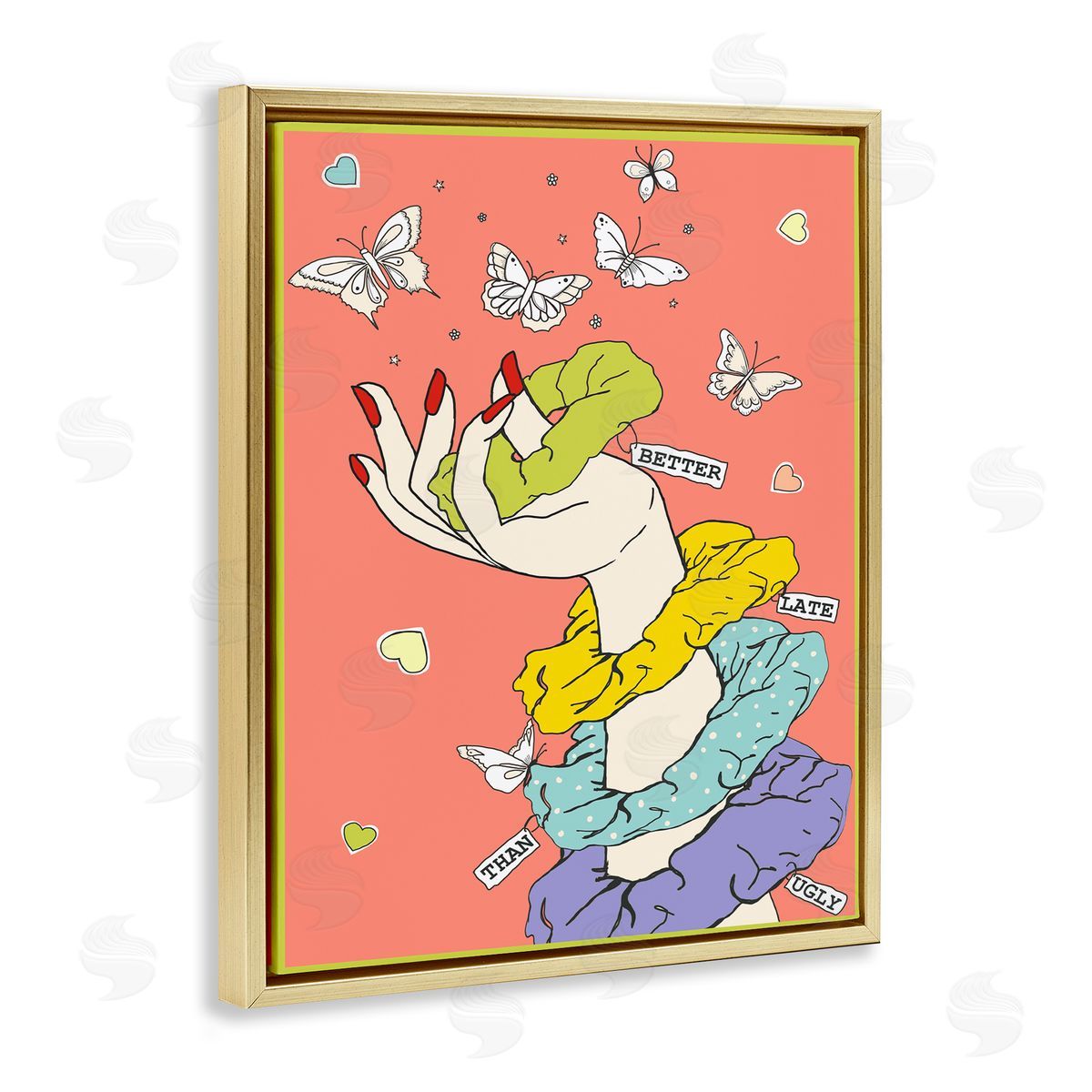 Better Late Than Ugly Funny Gold Floating Frame Canvas Wall Art, Home Decor by Sangita Bachelet