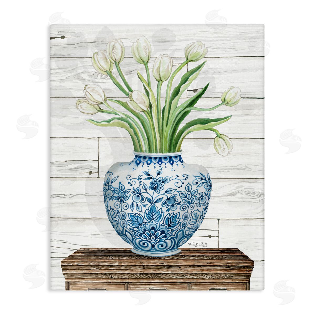 White Tulips in Blue Vase Canvas Wall Art, Home Decor by Cindy Jacobs