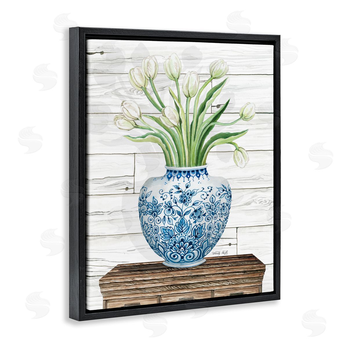 White Tulips in Blue Vase Black Floating Frame Canvas Wall Art, Home Decor by Cindy Jacobs