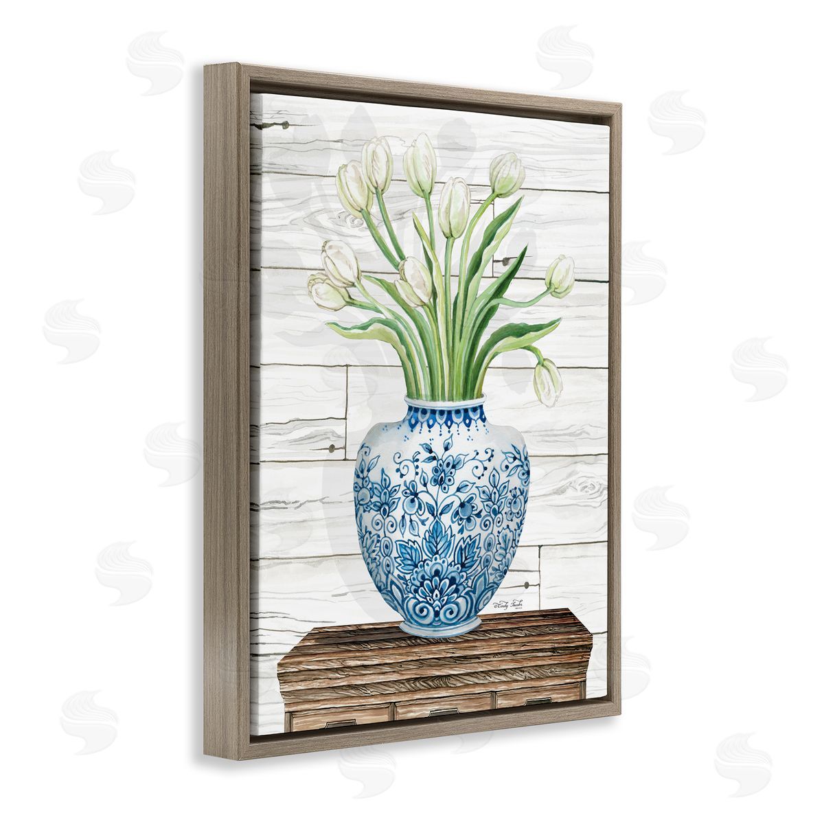 White Tulips in Blue Vase Brown Floating Frame Canvas Wall Art, Home Decor by Cindy Jacobs