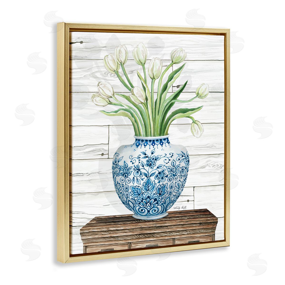 White Tulips in Blue Vase Gold Floating Frame Canvas Wall Art, Home Decor by Cindy Jacobs