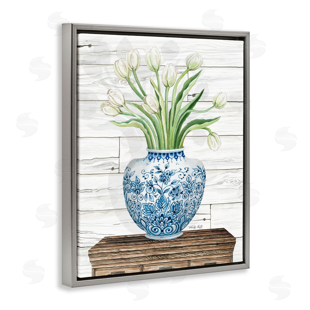White Tulips in Blue Vase Grey Floating Frame Canvas Wall Art, Home Decor by Cindy Jacobs