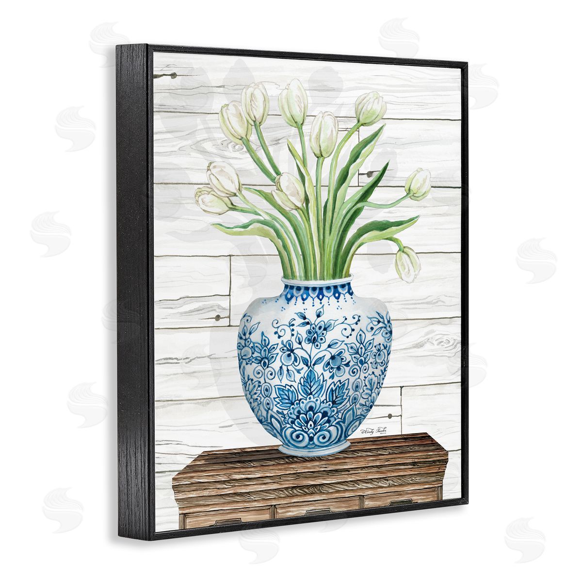 White Tulips in Blue Vase Black Frame Print Wall Art, Home Decor by Cindy Jacobs