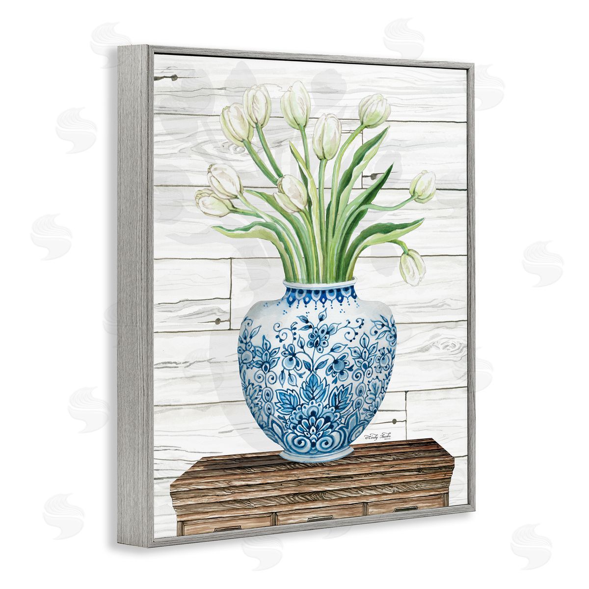 White Tulips in Blue Vase Grey Frame Print Wall Art, Home Decor by Cindy Jacobs