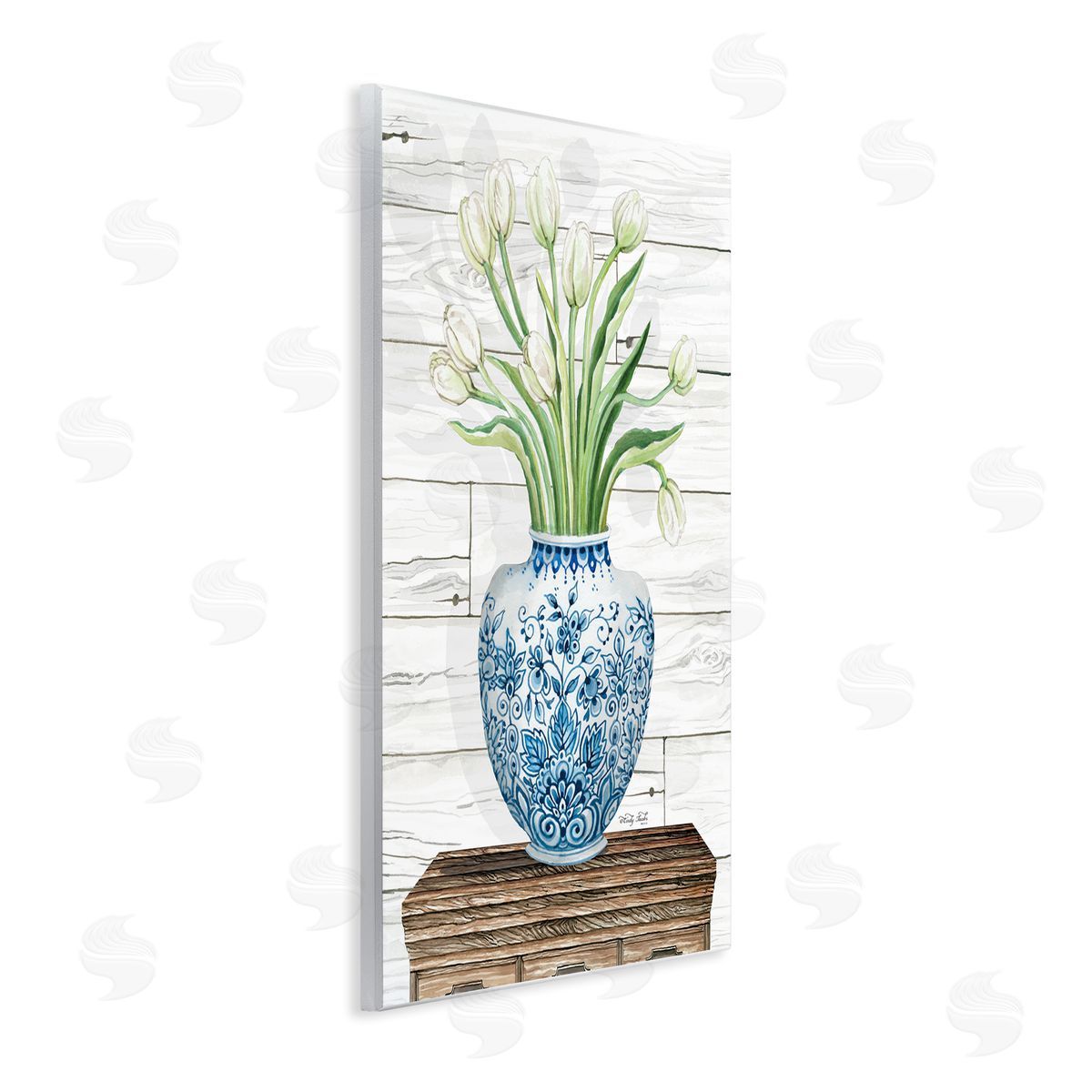 White Tulips in Blue Vase Wood Plaque Wall Art, Home Decor by Cindy Jacobs