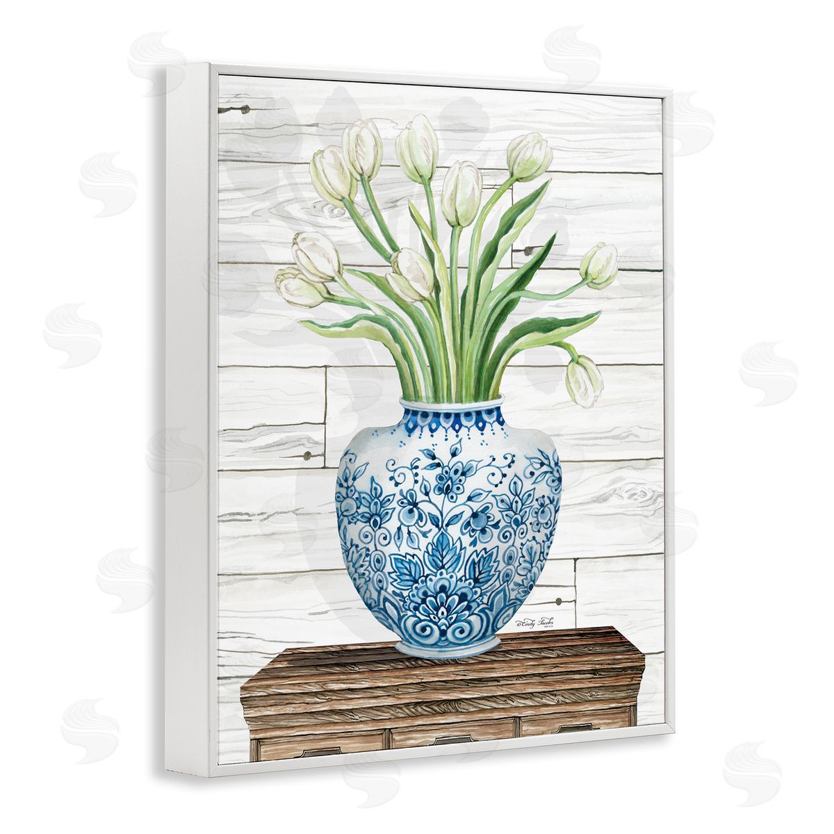 White Tulips in Blue Vase White Frame Print Wall Art, Home Decor by Cindy Jacobs