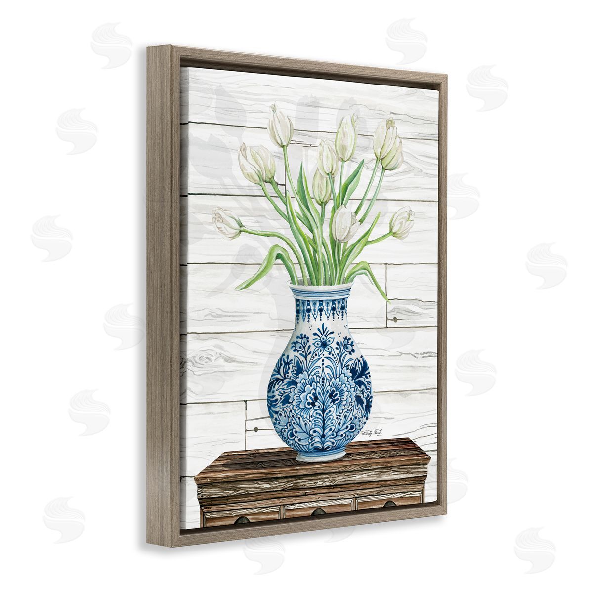 Tulip Bouquet in Blue vase Brown Floating Frame Canvas Wall Art, Home Decor by Cindy Jacobs