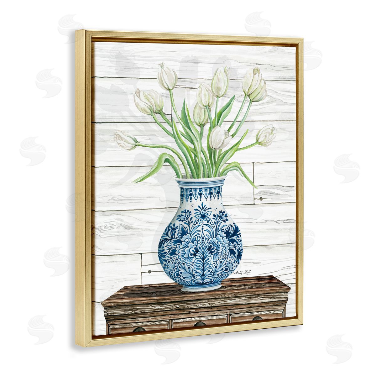 Tulip Bouquet in Blue vase Gold Floating Frame Canvas Wall Art, Home Decor by Cindy Jacobs