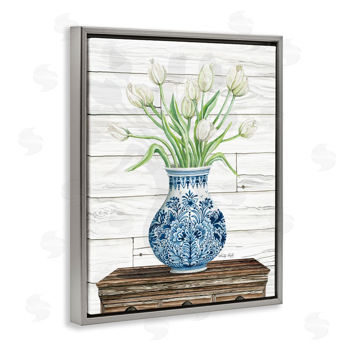 Tulip Bouquet in Blue vase Grey Floating Frame Canvas Wall Art, Home Decor by Cindy Jacobs