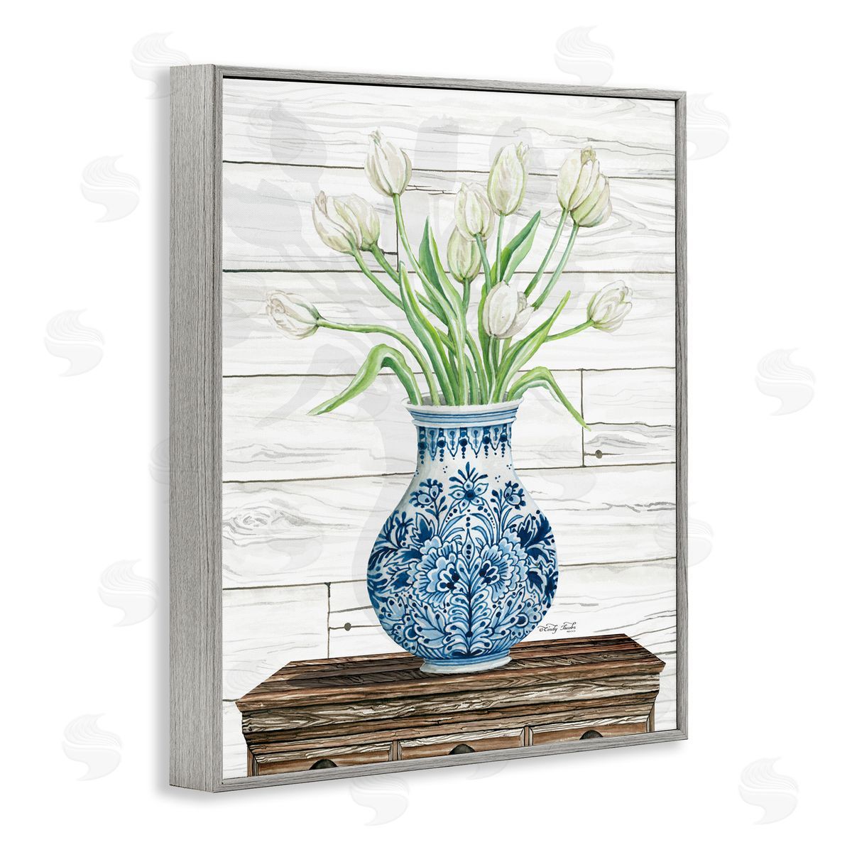 Tulip Bouquet in Blue vase Grey Frame Print Wall Art, Home Decor by Cindy Jacobs