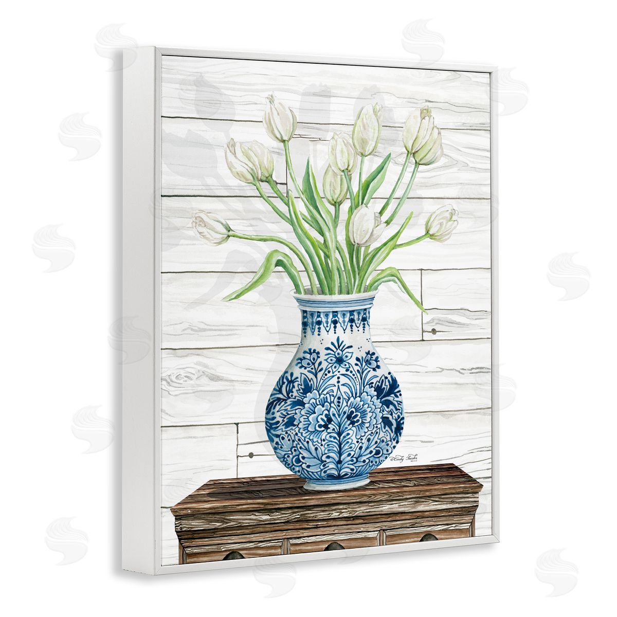 Tulip Bouquet in Blue vase White Frame Print Wall Art, Home Decor by Cindy Jacobs