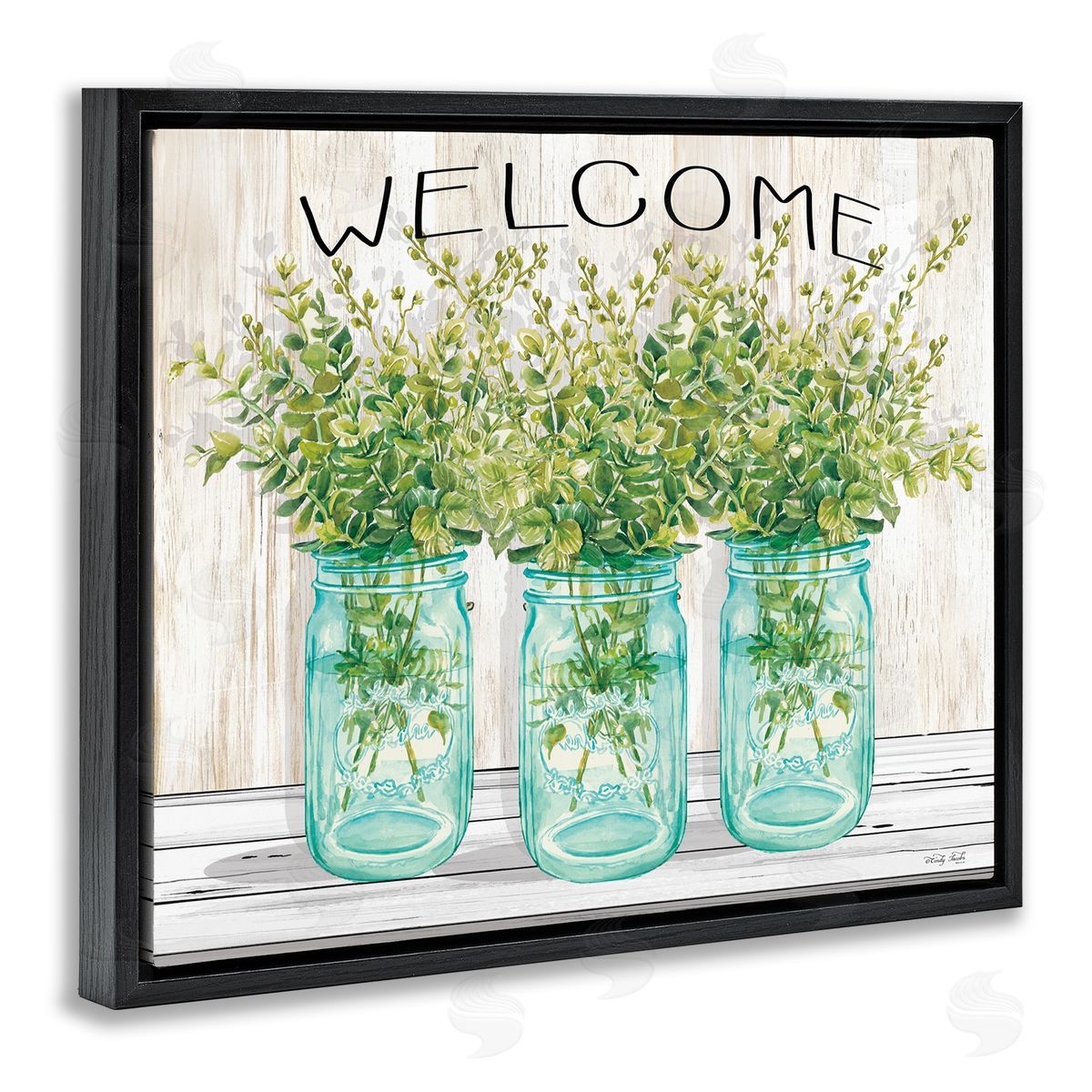 Welcome Sign With Botanical Jars Black Floating Frame Canvas Wall Art, Home Decor by Cindy Jacobs