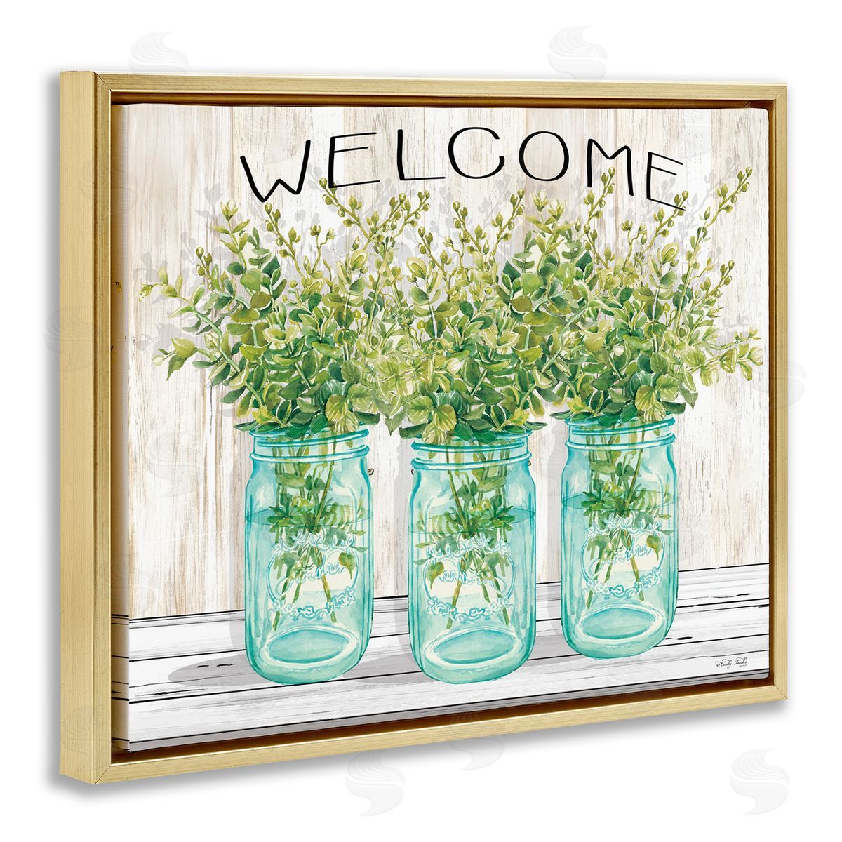 Welcome Sign With Botanical Jars Gold Floating Frame Canvas Wall Art, Home Decor by Cindy Jacobs