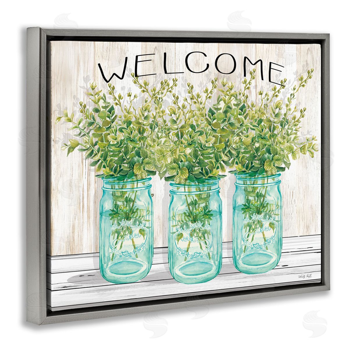 Welcome Sign With Botanical Jars Grey Floating Frame Canvas Wall Art, Home Decor by Cindy Jacobs