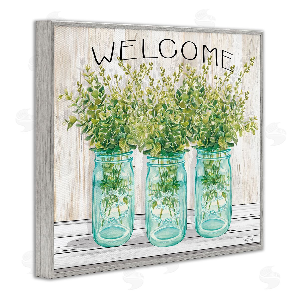 Welcome Sign With Botanical Jars Grey Frame Print Wall Art, Home Decor by Cindy Jacobs