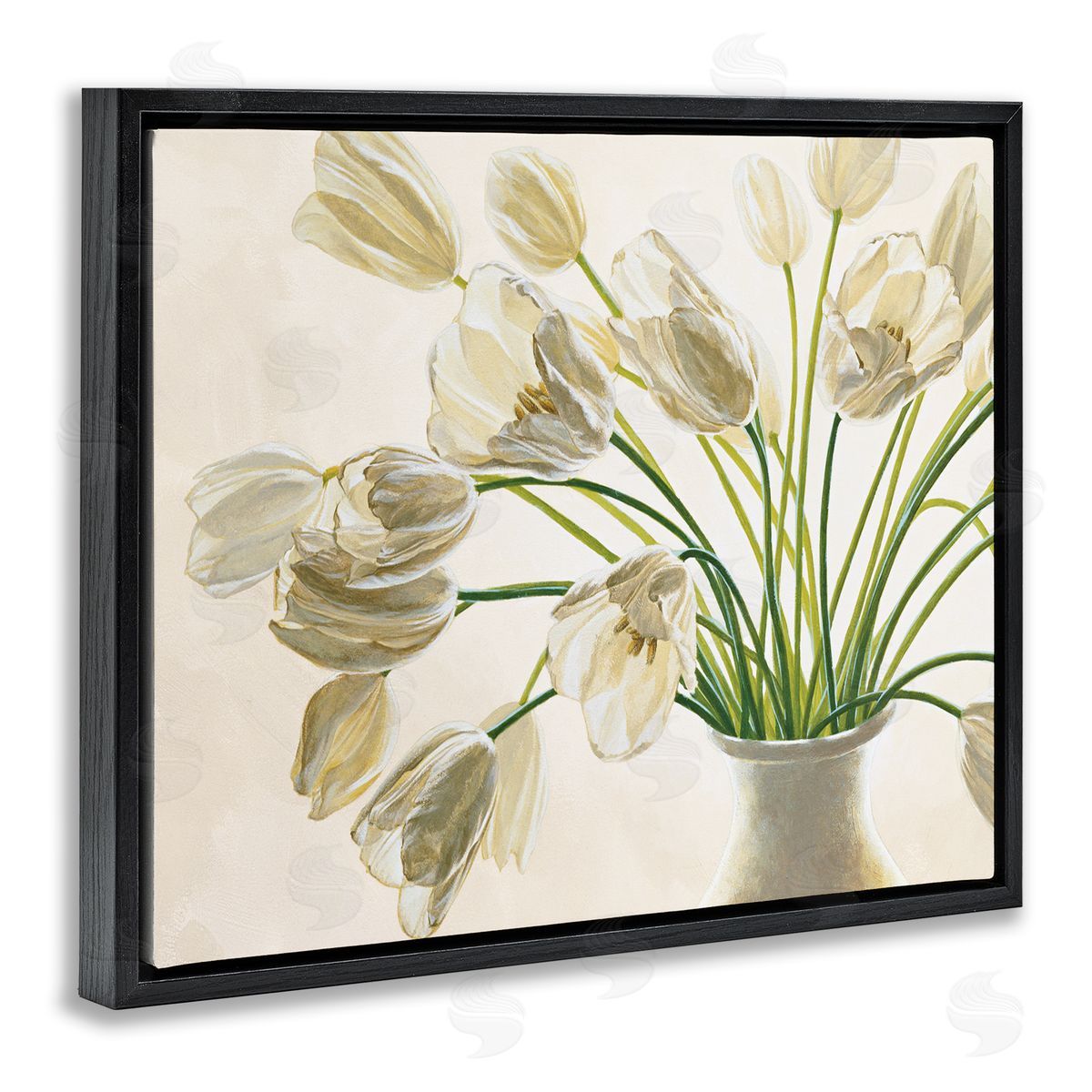 Tranquil White Tulip Bouquet Black Floating Frame Canvas Wall Art, Home Decor by Eva Barberini