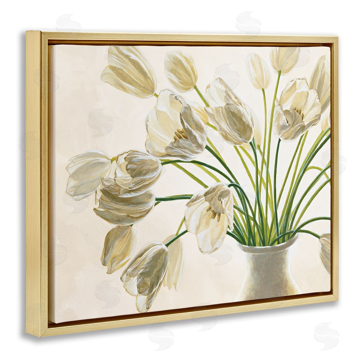 Tranquil White Tulip Bouquet Gold Floating Frame Canvas Wall Art, Home Decor by Eva Barberini