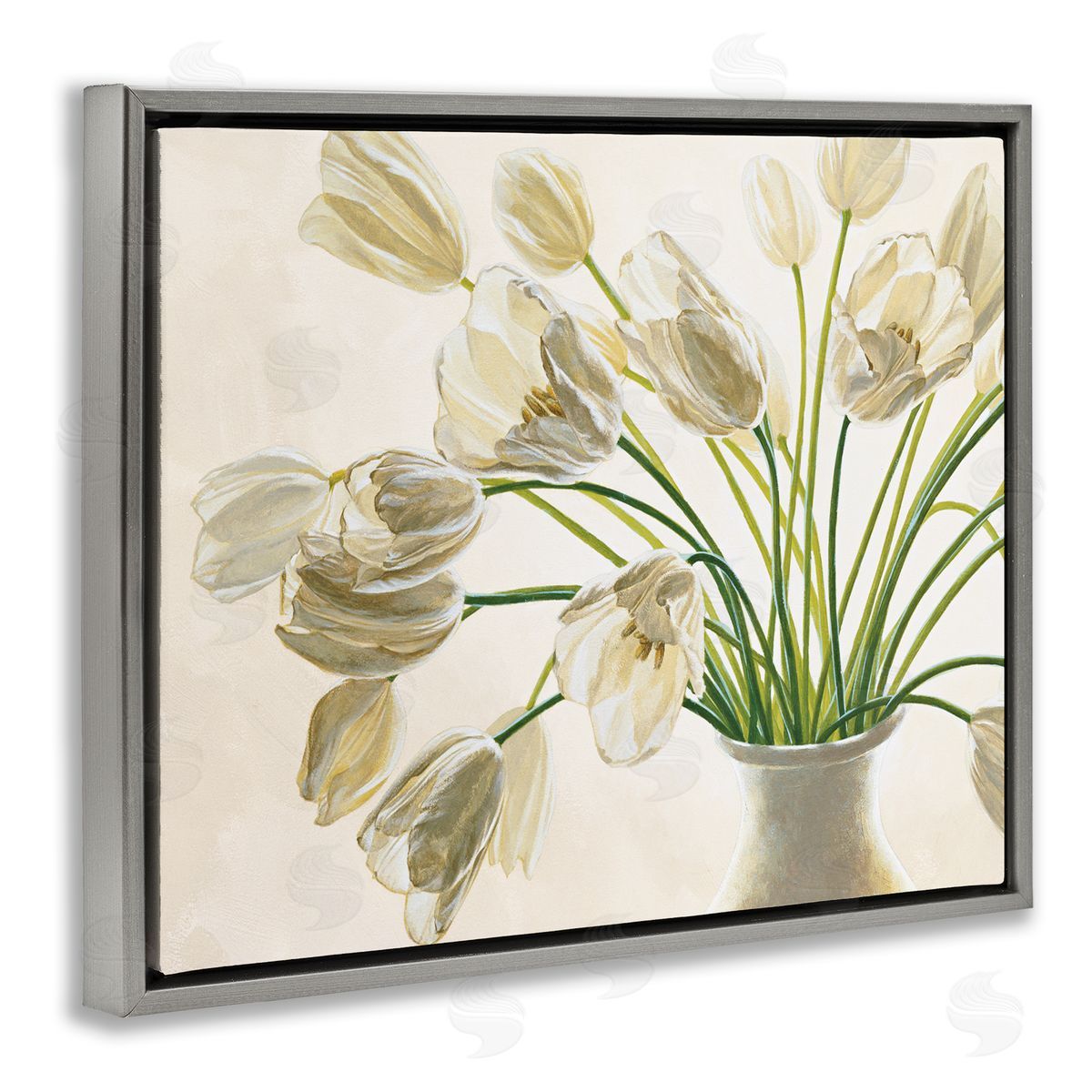 Tranquil White Tulip Bouquet Grey Floating Frame Canvas Wall Art, Home Decor by Eva Barberini