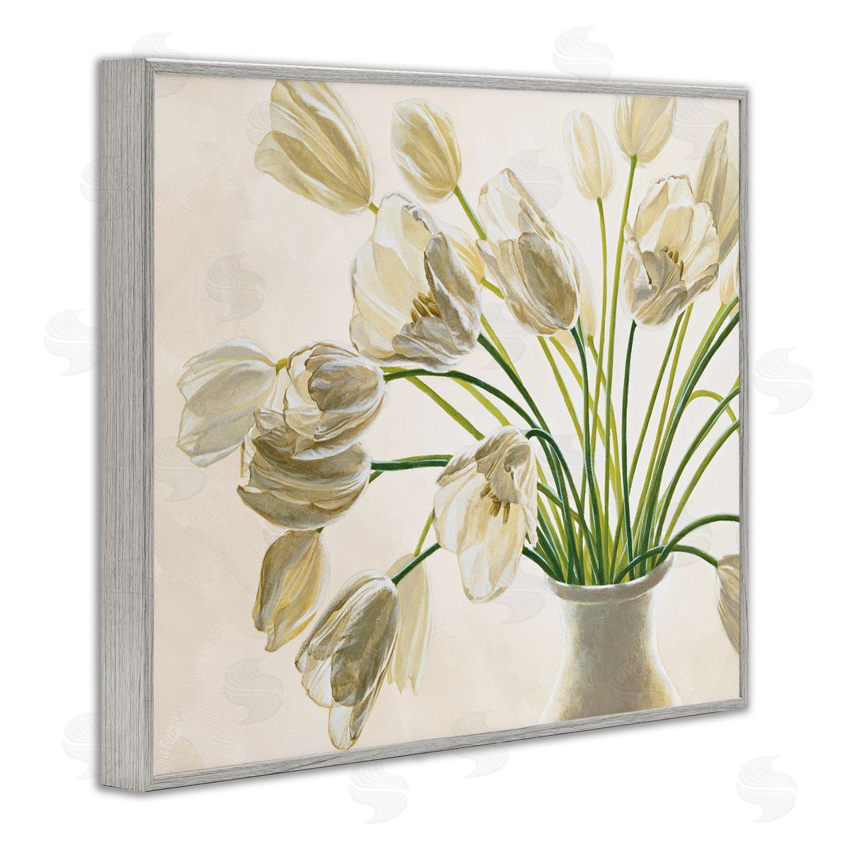 Tranquil White Tulip Bouquet Grey Frame Print Wall Art, Home Decor by Eva Barberini