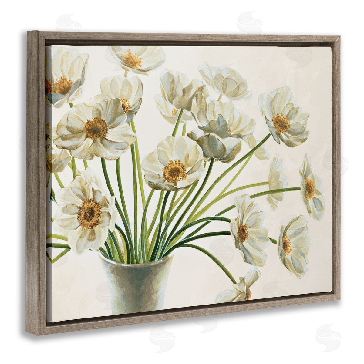 Peaceful White Poppy Bouquet Brown Floating Frame Canvas Wall Art, Home Decor by Eva Barberini