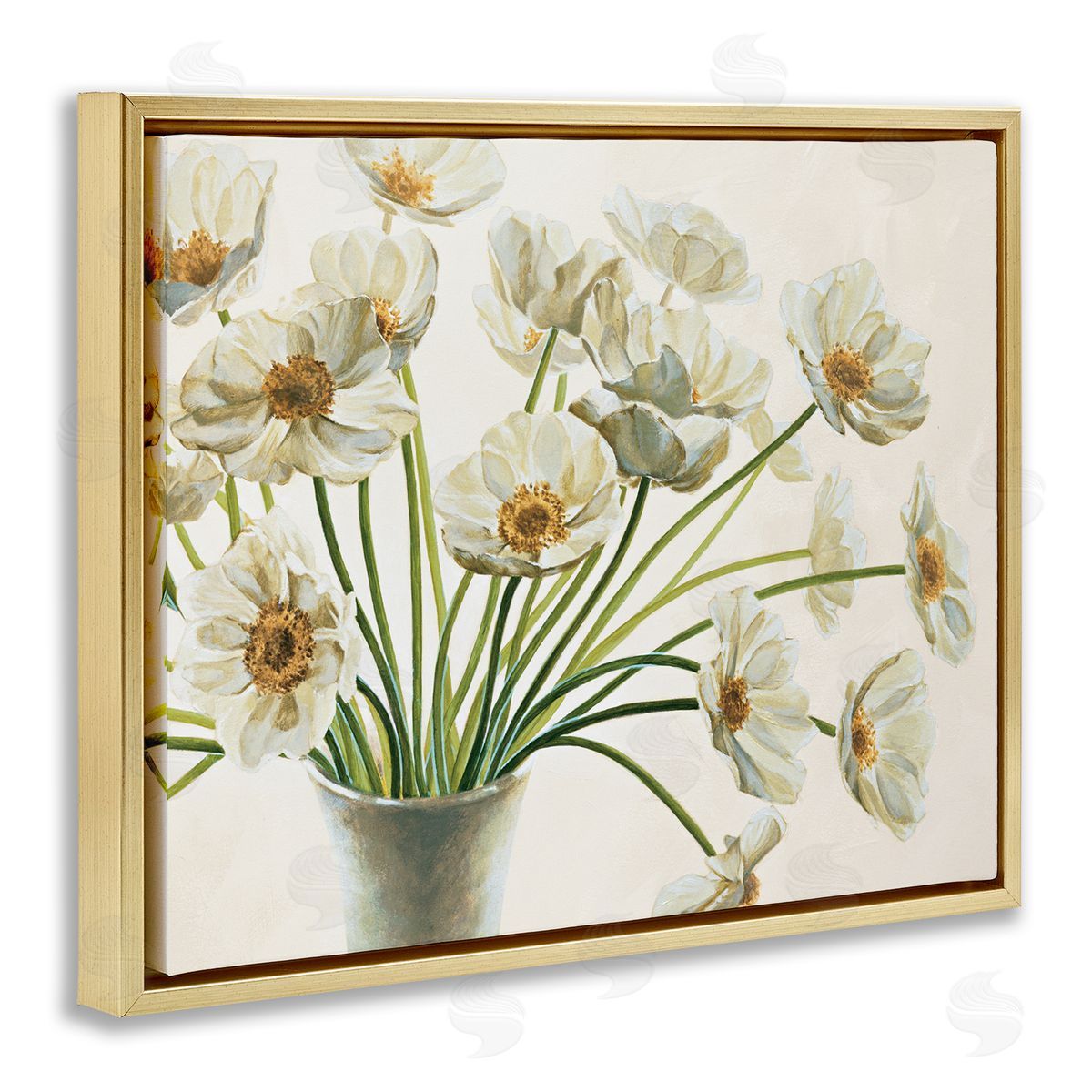 Peaceful White Poppy Bouquet Gold Floating Frame Canvas Wall Art, Home Decor by Eva Barberini