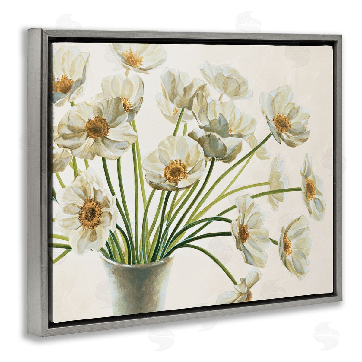 Peaceful White Poppy Bouquet Grey Floating Frame Canvas Wall Art, Home Decor by Eva Barberini