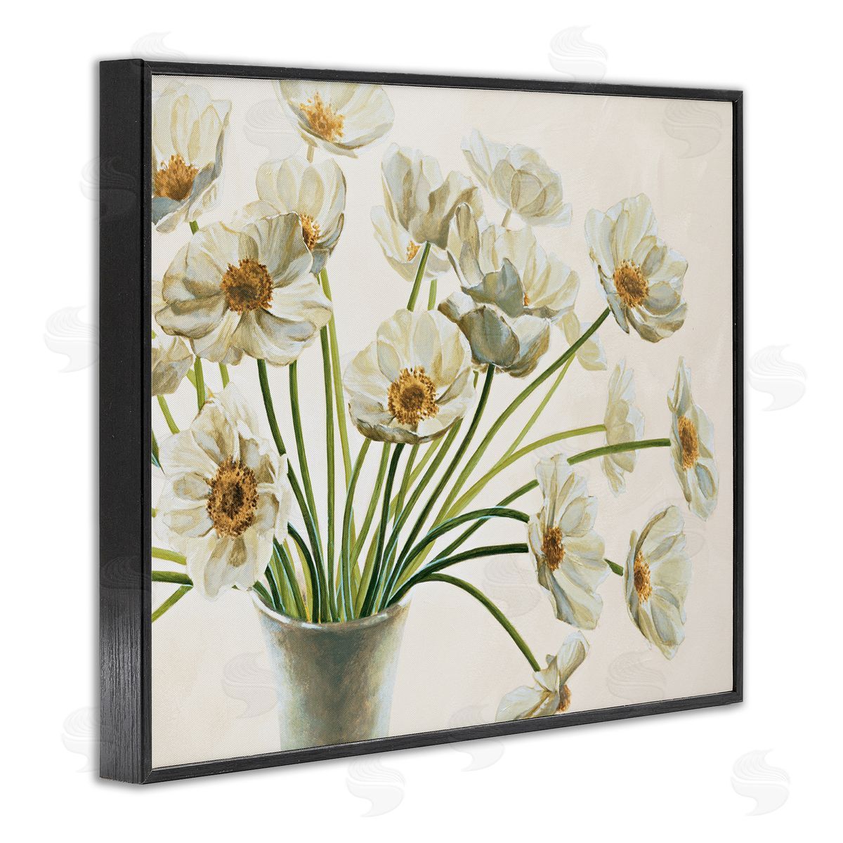 Peaceful White Poppy Bouquet Black Frame Print Wall Art, Home Decor by Eva Barberini