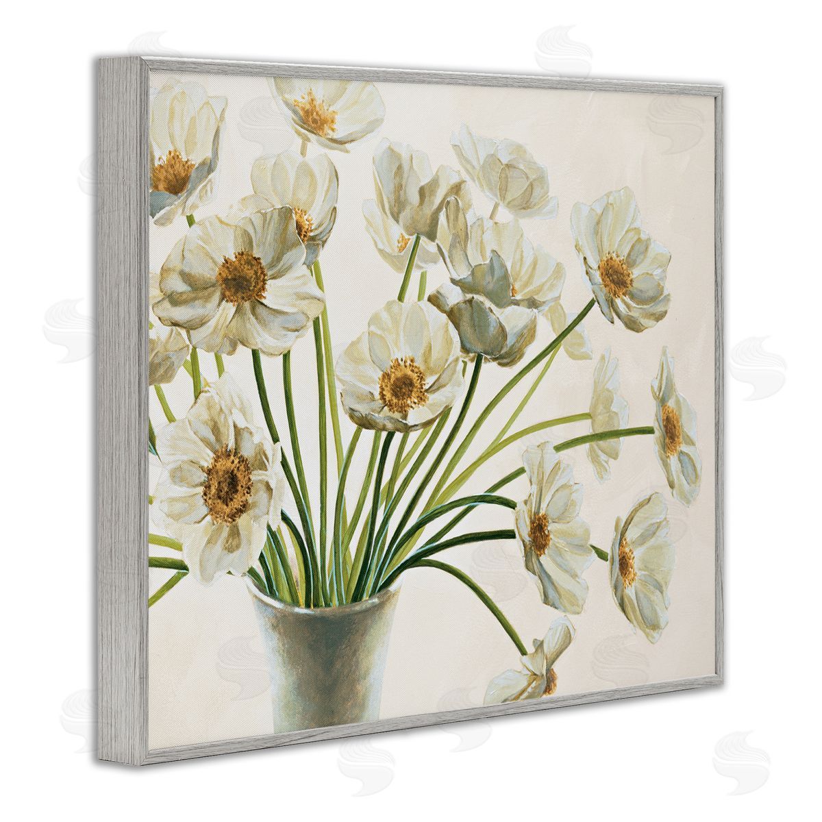 Peaceful White Poppy Bouquet Grey Frame Print Wall Art, Home Decor by Eva Barberini