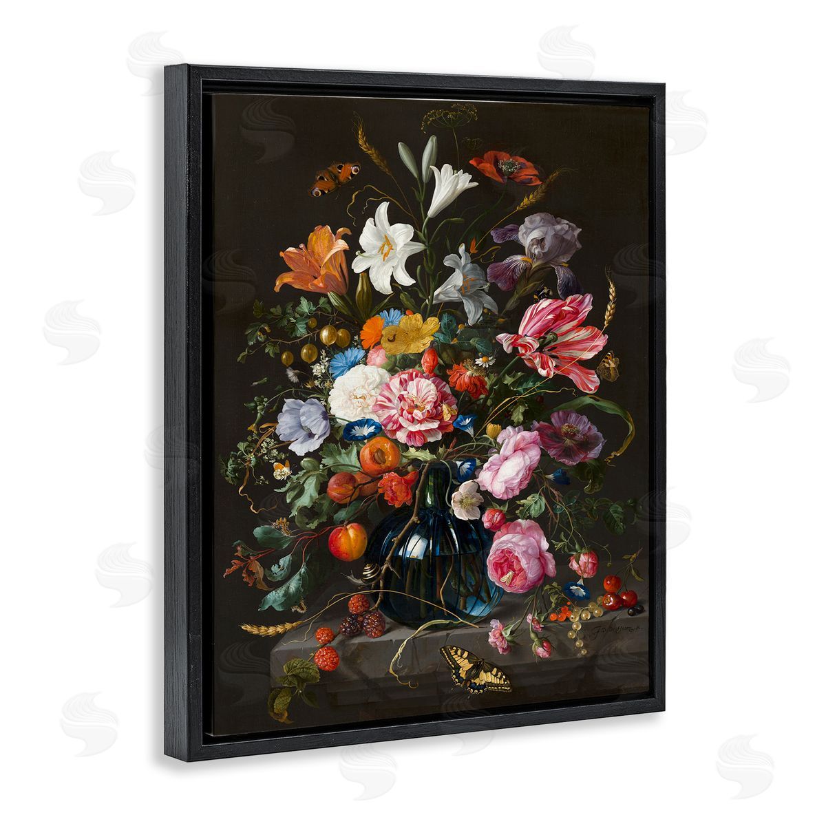 Flowers in Vase Classic Painting Black Floating Frame Canvas Wall Art, Home Decor by Abraham Mignon