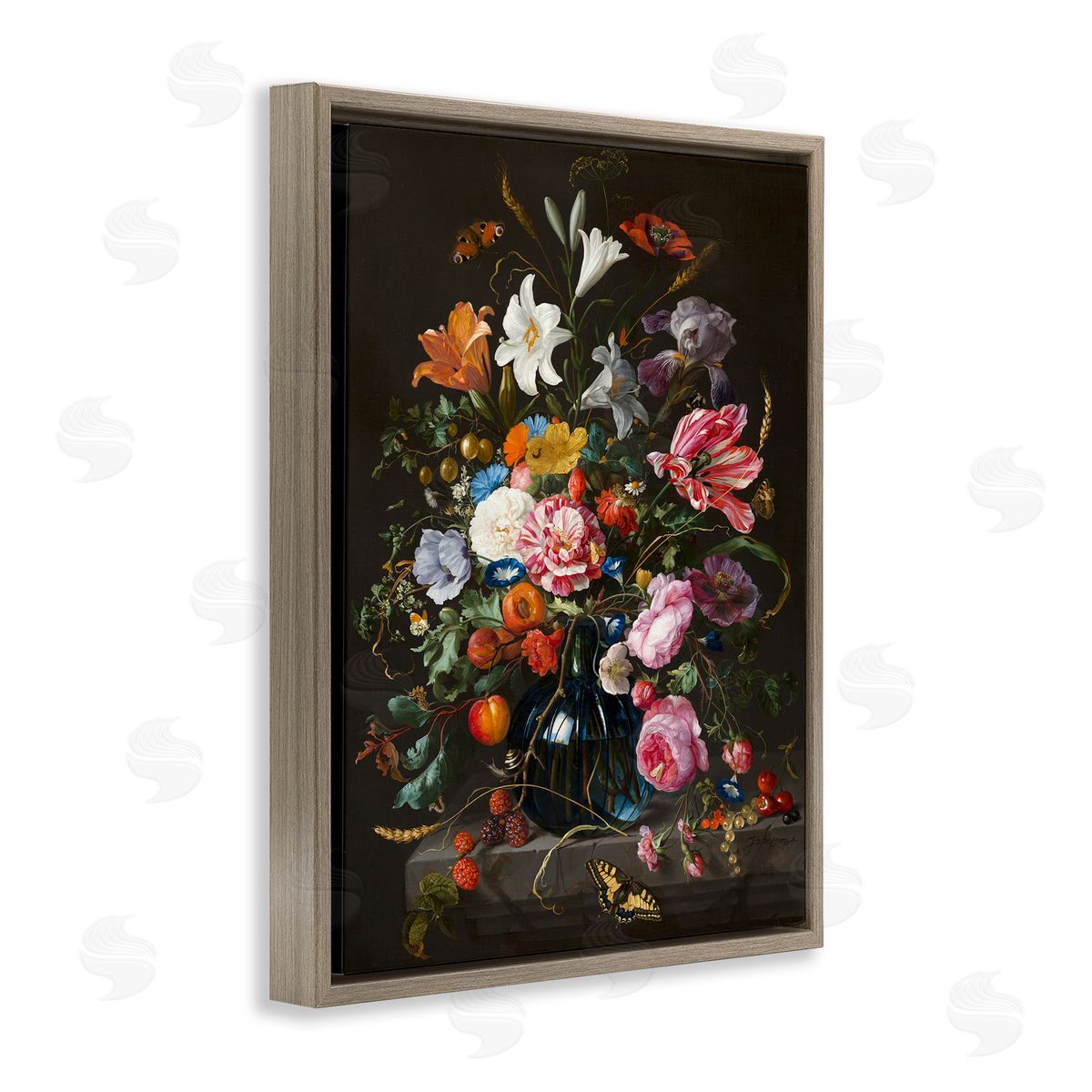 Flowers in Vase Classic Painting Brown Floating Frame Canvas Wall Art, Home Decor by Abraham Mignon