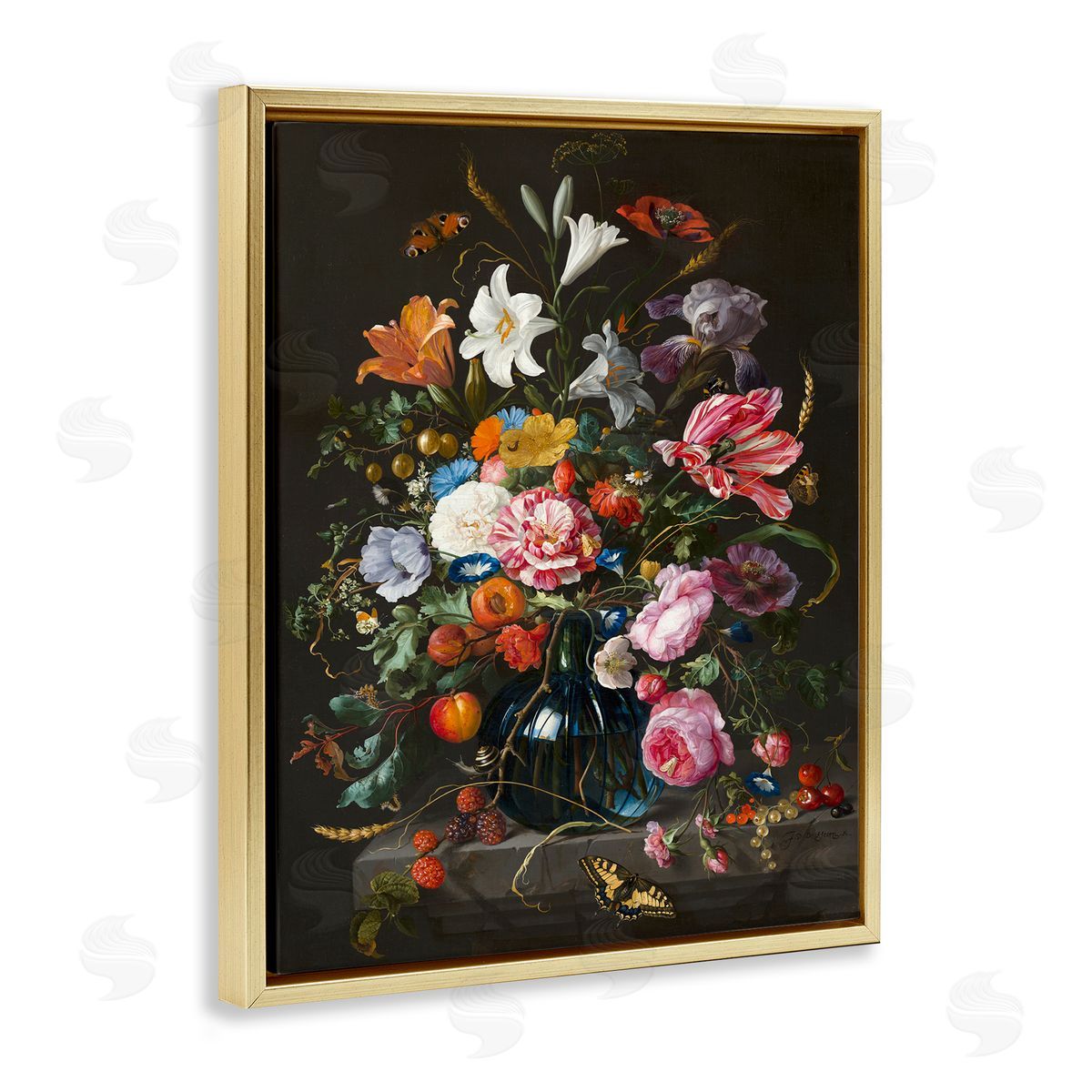 Flowers in Vase Classic Painting Gold Floating Frame Canvas Wall Art, Home Decor by Abraham Mignon