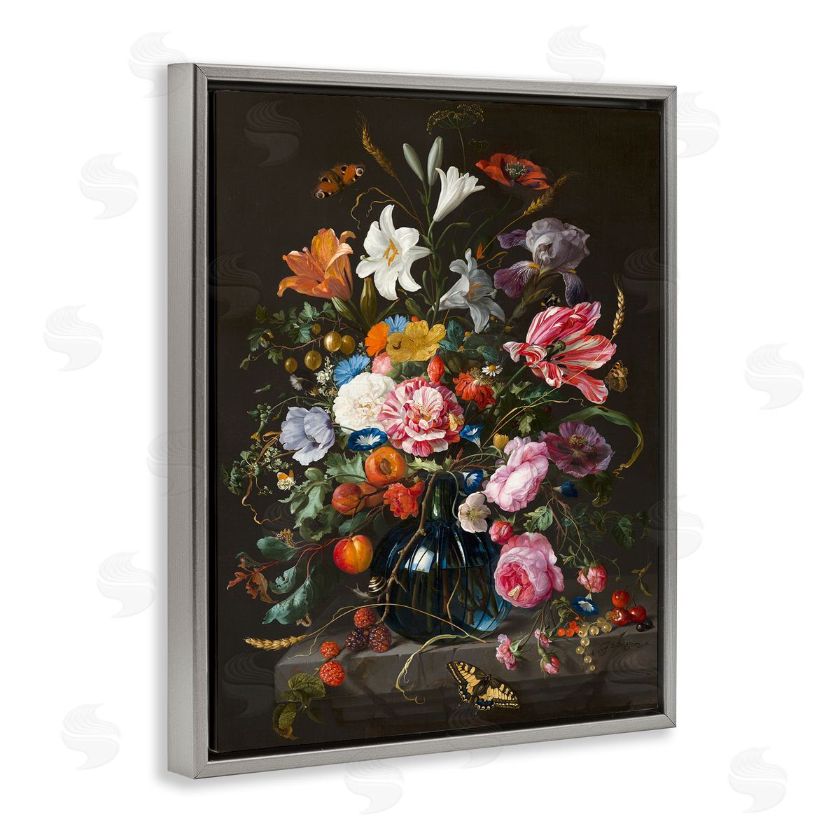 Flowers in Vase Classic Painting Grey Floating Frame Canvas Wall Art, Home Decor by Abraham Mignon