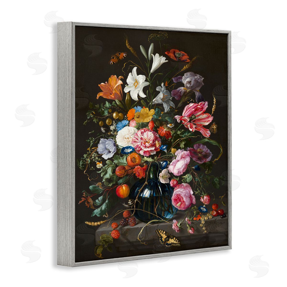 Flowers in Vase Classic Painting Grey Frame Print Wall Art, Home Decor by Abraham Mignon