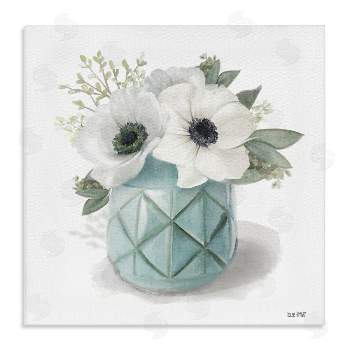 White Flowers in Turquoise Vase Canvas Wall Art, Home Decor by House Fenway